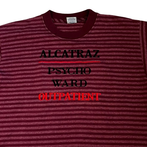 Vintage Alcatraz Tee Shirt Psycho Ward Outpatient Embroidered Striped Red Large - Picture 1 of 5